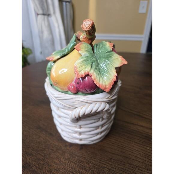 Fitz & Floyd Basket Weave Cookie Jar / Canister - Apple Plums Pear Grape 9 X 7 - Picture 3 of 16